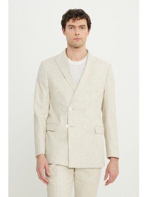 Altınyıldız Classics Keten Slim Fit Dar Kesim Kırlangıç Yaka Desenli Torba Cepli Kruvaze Takım Elbise