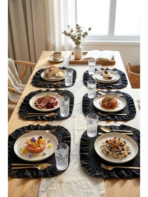 Yunusoğlu Home Pamuklu Fırfırlı Kare Supla 6'lı Set Amerikan Servis 33 cm Çap Supla