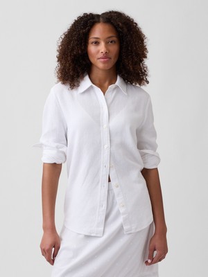 Gap Kadın Beyaz Oversized Keten Karışımı Rahat Gömlek