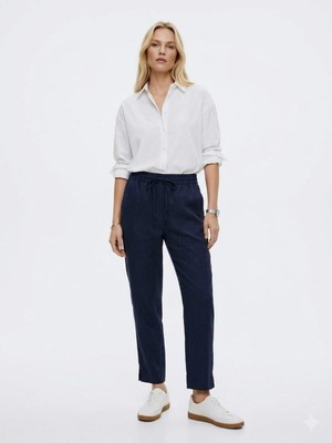 Laura Lacivert Keten Yazlık Ipli Bel Boru Paça Kadın Pantolon