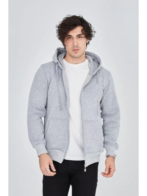 Modenya Erkek Kapüşonlu Düz Fermuarlı Hırka - Gri