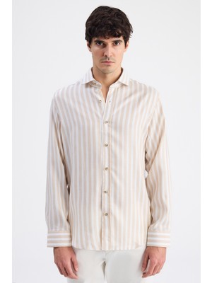 D'S Damat Ds Damat Comfort Bej Çizgili Gömlek 6HC02G805327M