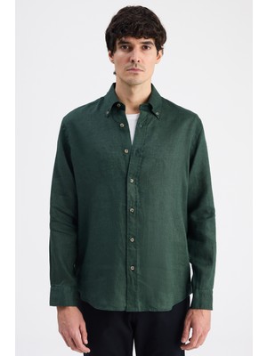 D'S Damat Ds Damat Comfort Haki Düz %100 Keten Gömlek 6HC02AP01304M