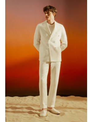 Altınyıldız Classics %100 Keten Slim Fit Kırlangıç Yaka Torba Cepli Kruvaze Takım Elbise