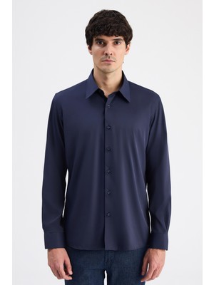 Twn Slim Fit Lacivert Düz Travel Gömlek 6EF02AD10288M
