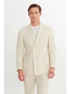 Altınyıldız Classics Keten Slim Fit Dar Kesim Kırlangıç Yaka Desenli Kruvaze Takım Elbise