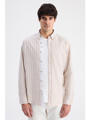 D'S Damat Ds Damat Comfort Bej Çizgili Gömlek 6HC02HD10304M