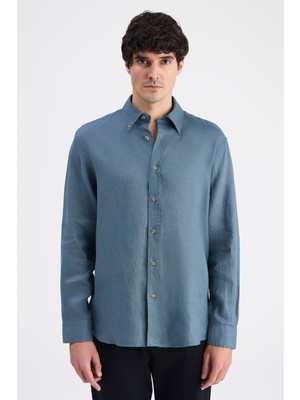 D'S Damat Ds Damat Comfort Petrol Düz %100 Keten Gömlek 6HC02AP01304M