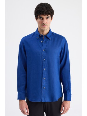 D'S Damat Ds Damat Comfort Indigo Düz %100 Keten Gömlek 6HC02AP01304M