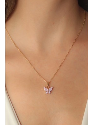 İlanib Ticaret Gold Lila Renk Kelebek Figür Kadın Kolye