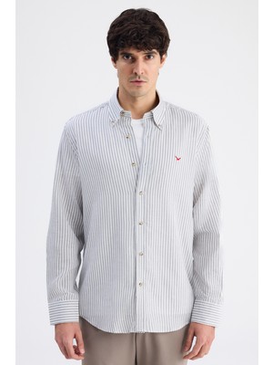 D'S Damat Ds Damat Comfort Haki Çizgili Gömlek 6HC02G816304M