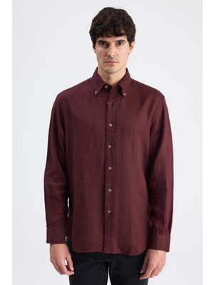 D'S Damat Ds Damat Comfort Bordo Düz %100 Keten Gömlek 6HC02AP01304M