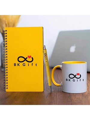 BK Gift Bk Kurumsal Promosyon 10 Adet Logolu Sarı Ahşap Defter Kalem Kupa Seti – Logolu Pastel Renkli Kurumsal Hediye Seti