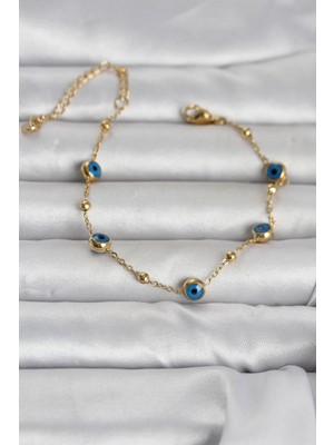 Pileli Store 316L Çelik Gold Renk Top Zincirli Nazarlı Kadın Bileklik