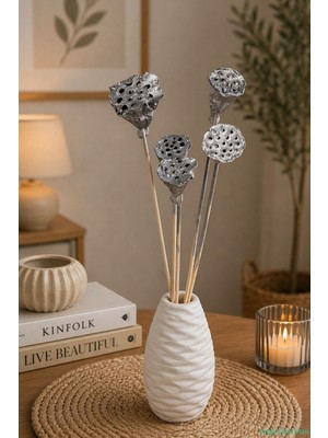 Yapay Çiçek Sitesi Kuru Çiçek Doğal Lotus 28 cm 5li Gümüş