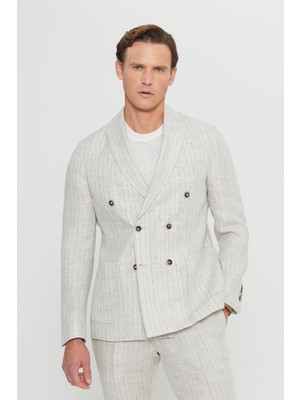 Altınyıldız Classics Erkek Bej %100 Keten Slim Fit Dar Kesim Kırlangıç Yaka Torba Cepli Kruvaze Takım Elbise