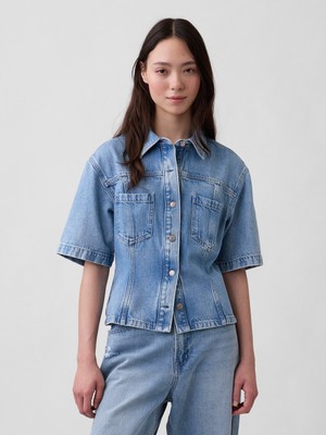 Gap Kadın Açık Mavi Ultrasoft Denim Pocket Gömlek