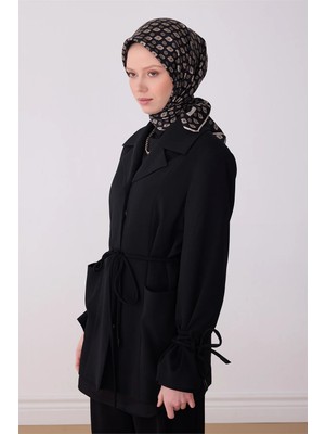 Belli Siyah Etnik Desen %100 Twill Ipek Eşarp 4308-85