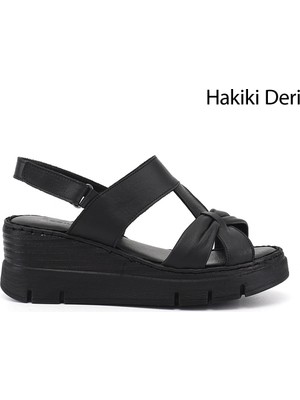 Gönderi(r) Kadın Siyah  Dolgu Topuklu Hakiki Deri Sandalet
