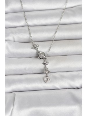 Pileli Store 316L Çelik Gümüş Renk Zirkon Taşlı Y Kadın Kolye