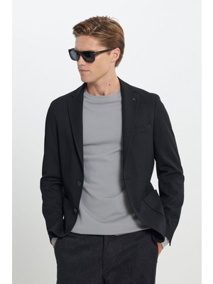 Altınyıldız Classics Erkek Siyah Slim Fit Dar Kesim Mono Yaka Beli Bağlamalı Diagonal Desenli Torba Cepli Takım Elbise