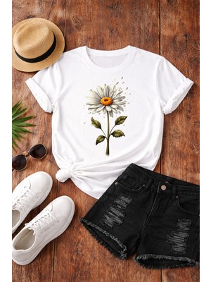 Gmt Ambalaj Kadın Beyaz T-Shirt Uçuşan Yapraklı Papatya Tasarım – Modern Sanatsal Çiçek Deseni