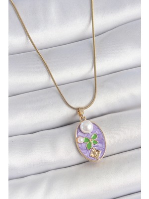 Uravas Store Çelik Gold Renk Zincir Mor Mineli Oval Incili Çiçek Işlemeli Portre Model Kadın Kolye
