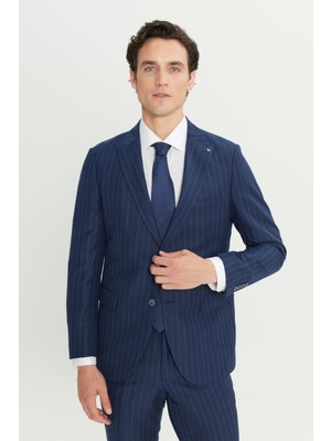 Altınyıldız Classics Keten Slim Fit Dar Kesim Kırlangıç Yaka Çizgili Kapak Cepli Takım Elbise