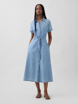 Gap Kadın Açık Mavi Denim Tie-Waist Midi Gömlek Elbise