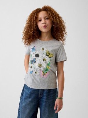 Gap Kız Çocuk Açık Gri Relaxed Grafik Baskılı T-Shirt