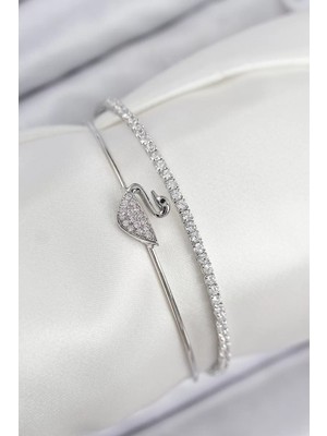 Uravas Store Pirinç Zirkon Taşlı Kuğu Model Gümüş Renk Kadın Bileklik - TJ-BB7890