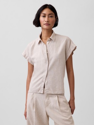 Gap Kadın Bej Keten Karışımı Oversize Gömlek