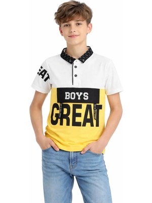 Barkod Kids Erkek Çocuk Great Yazı Desenli Düğme Kapamalı Beyaz Renk Polo Yaka Tişört