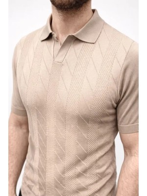 Modenya Erkek Yazlık Triko Dokuma Tişört Kısa Kol Polo Yaka T-Shirt - Bej