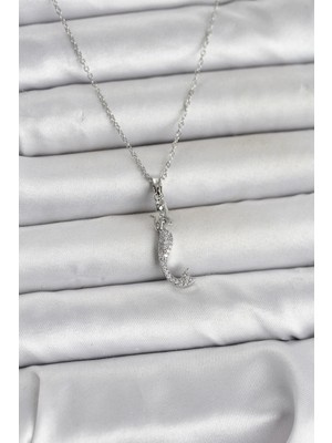 İlanib Ticaret 316L Çelik Zincir Gümüş Renk Zirkon Taşlı Deniz Kızı Model Kadın Kolye