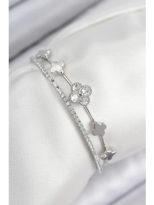 Uravas Store Pirinç Zirkon Taşlı Yonca Model Gümüş Renk Kadın Bileklik - TJ-BB7886