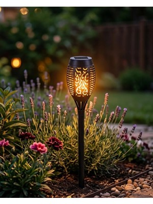 İlanib Ticaret Güneş Enerjili Alev Görünümlü Bahçe Lambası Sensörlü LED Dış Mekan Dekoratif Aydınlatma