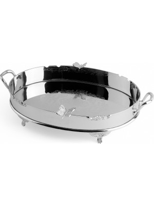 LuckyArt Kelebek Detaylı Ayaklı Paslanmaz Çelik Elips Tepsi 44 cm