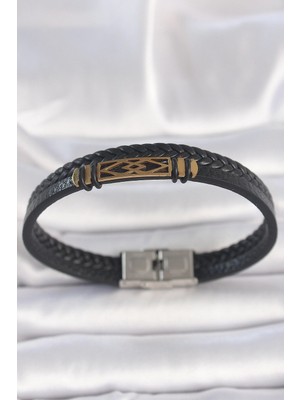 Zayka Mey Ithalat® 316L Çelik Gold Renk Aksesuarlı Çift Sıra Siyah Burgu Desenli Deri Kordon Erkek Bileklik
