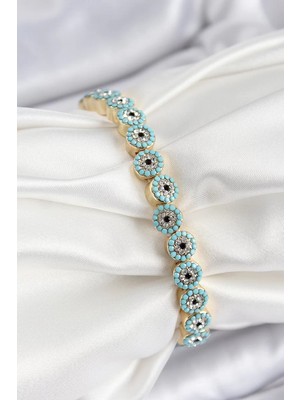 Uravas Store Pirinç Zirkon Taşlı Turkuaz Nazar Model Gold Renk Lastikli Kadın Bileklik - TJ-BB7496