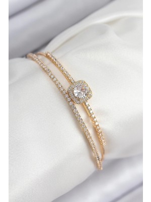 Zayka Mey Ithalat® Pirinç Zirkon Taşlı Baget Model Gold Renk Kadın Bileklik