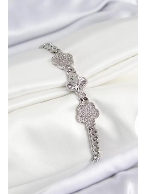 Uravas Store Pirinç Zirkon Taşlı Yonca Model Gümüş Renk Kadın Bileklik - TJ-BB7548