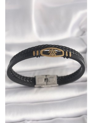 Zayka Mey Ithalat® 316L Çelik Gold Renk Gemi Dümen Figür Siyah Renk Çift Sıra Burgu Desenli Deri Kordon Erkek Bileklik