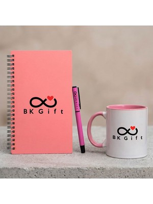 BK Gift Bk Kurumsal Promosyon 10 Adet Logolu Pembe Ahşap Defter Kalem Kupa Seti – Logolu Pastel Renkli Kurumsal Hediye Seti