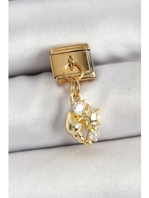 Zayka Mey Ithalat® 316L Çelik Sallantılı Zirkon Taşlı Deniz Kabuğu ve Yıldız Model Gold Renk Nomination Charm