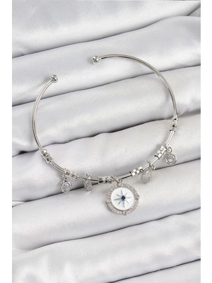 Uravas Store Pirinç Zirkon Taşlı Pusula Model Gümüş Renk Charm Bileklik - TJ-BB7349