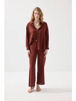 Gusto Bol Paça Keten Pantolon - Kiremit