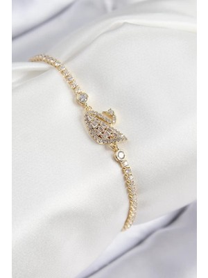 Uravas Store Pirinç Zirkon Taşlı Kuğu Model Gold Renk Kadın Bileklik - TJ-BB7691