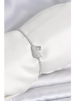 Uravas Store Kuğu Model Zirkon Taşlı Gümüş Renk Asansörlü Su Yolu Bileklik - TJ-BB8245