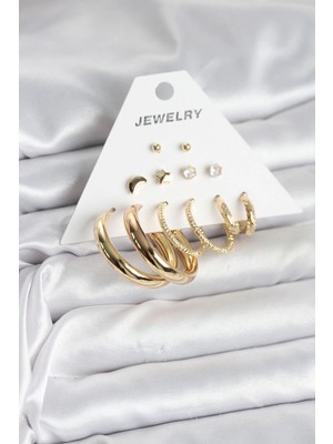 Zayka Mey Ithalat® Gold Renk 6 Çiftli Pirinç Kadın Küpe Seti